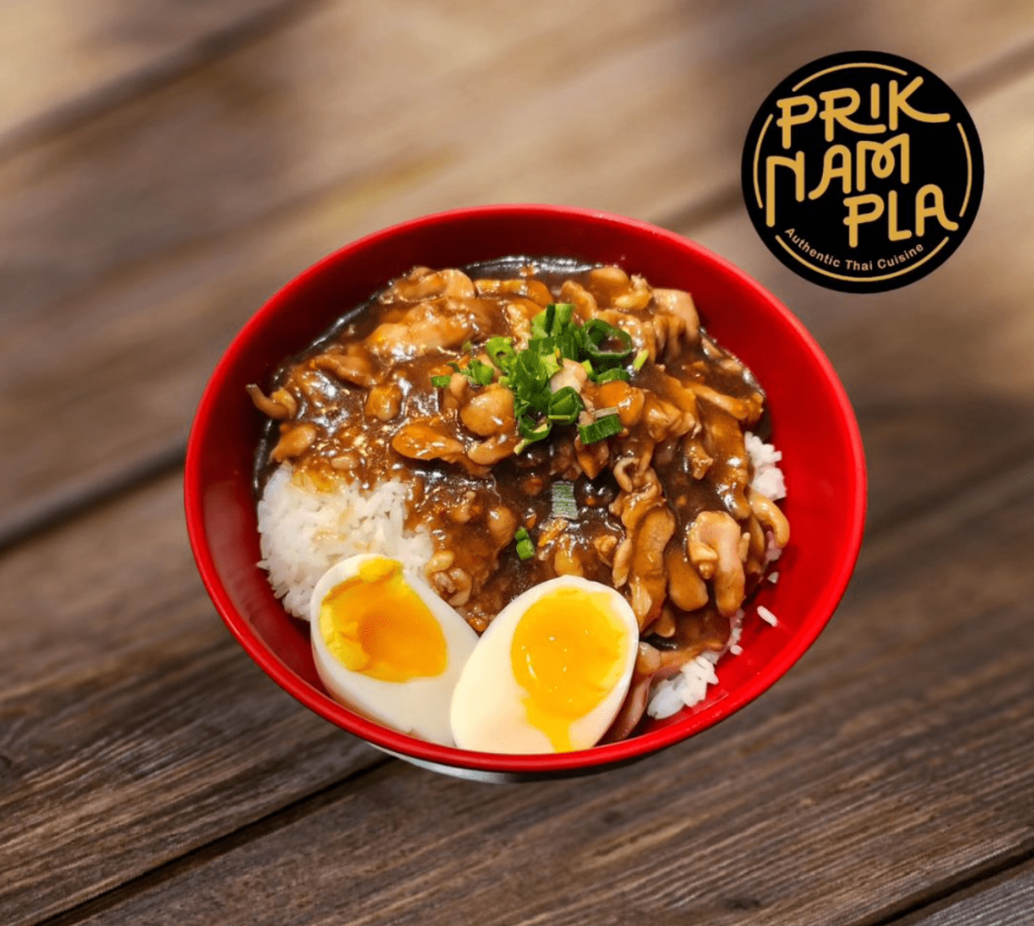 This is an image of Khao Na Kai with boiled egg, posted from the Prik Name Pla Instagram