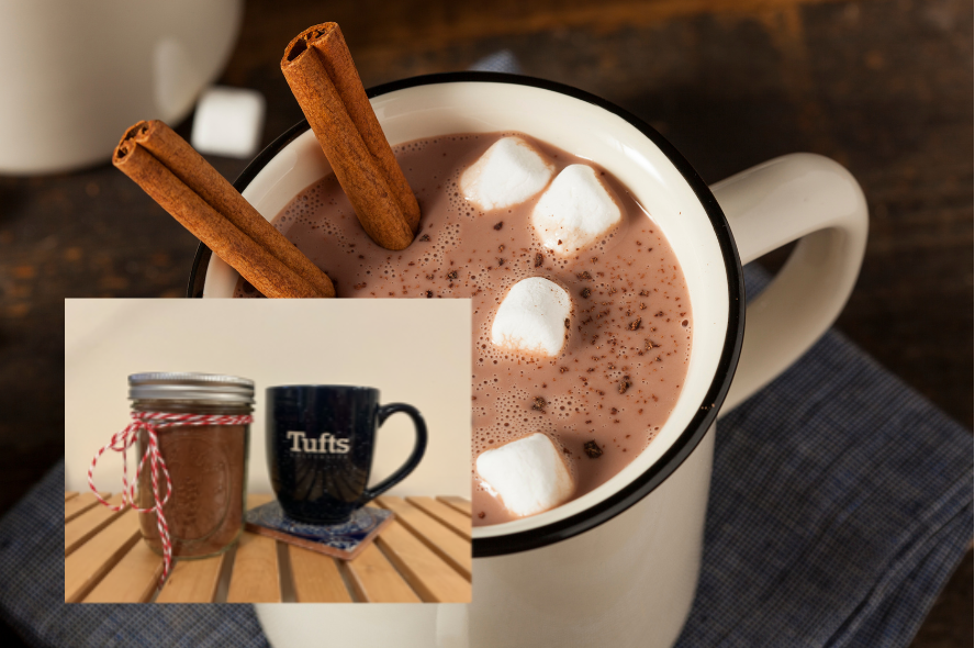 Featuring hot chocolate -- a white mug with marshmallows and two cinnamon sticks sticking out of it. The smaller image features a mason jar with a ribbon around it and a Tufts mug on a coaster