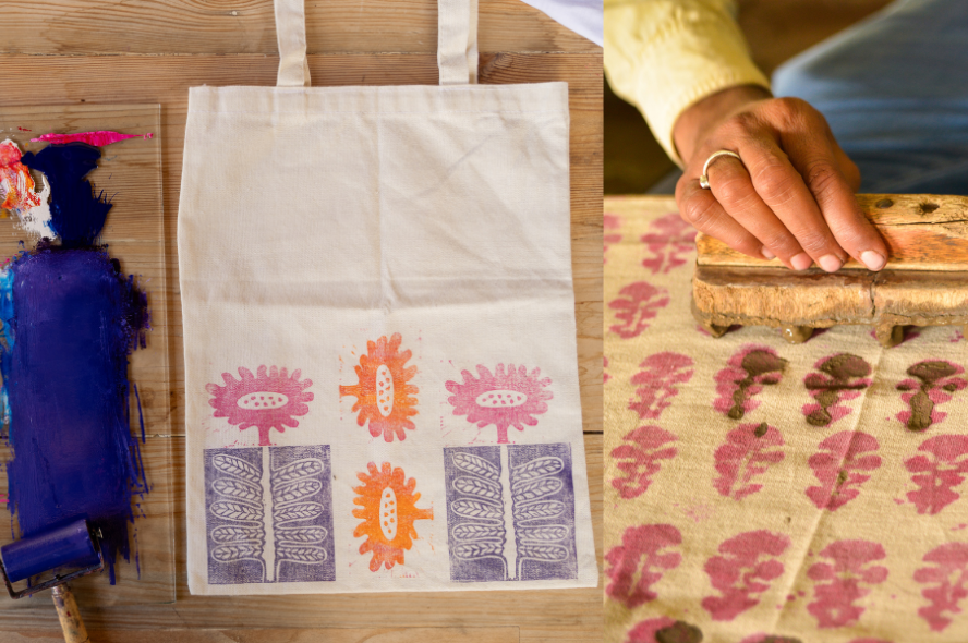 These images feature a tote bag and a bandana with paint and stamps for decorating