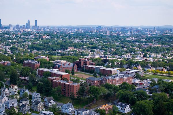 Medford/Somerville Campus of Tufts University looking south and east across Carmichael Hall to the Boston skyline.