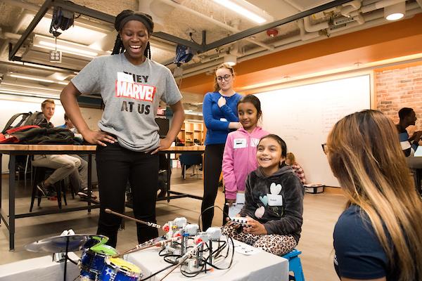 Local children spend an afternoon giving feedback to first-year Engineering students in Research Assistant Professor Ethan Danahy's robotics class during a toy testing session in the Nolop FAST (Fabrication, Assembly, Simulation and Testing)