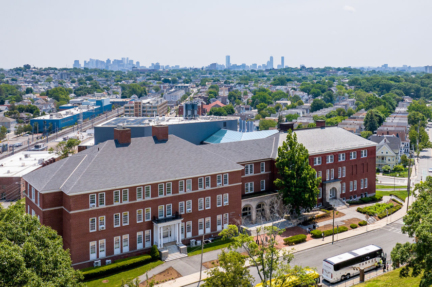 An aerial view of Anderson Hall and Robinson Hall at the Science and Engineering Complex along College Avenue on the Medford/Somerville Campus.