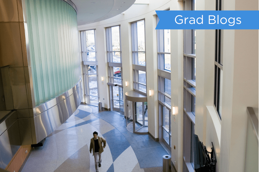 An aerial view of the glass lobby in the Granoff Music Center.