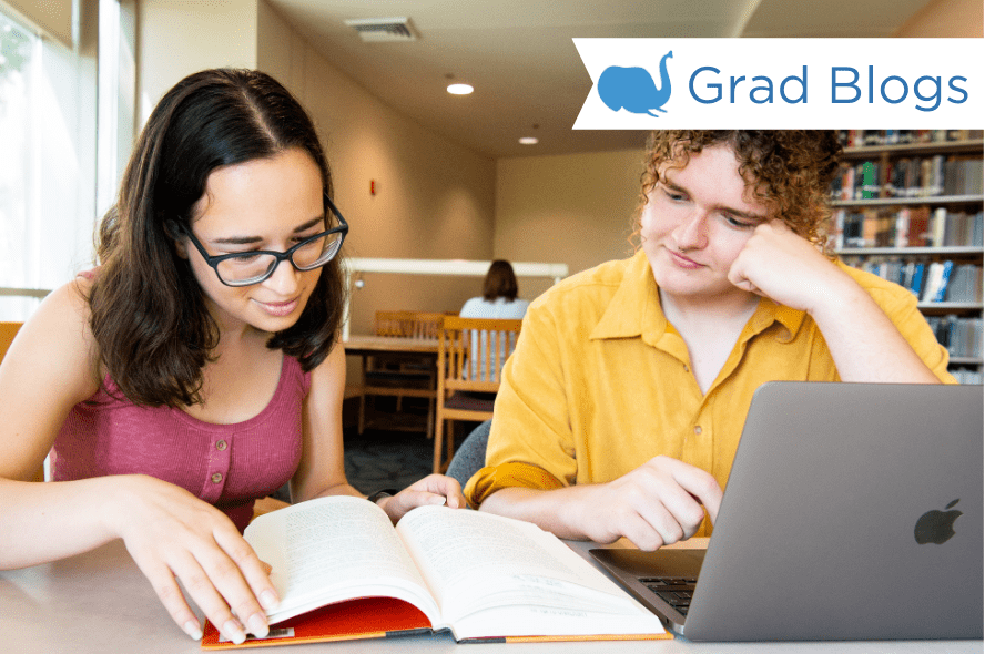 Ryan O'Hara, doctoral candidate in Chemical Engineering, and Briana Lino, doctoral candidate in Biotechnology Engineering, pose for stock photos in Tisch Library