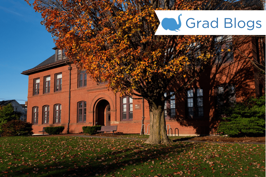 A tree's fall leaves are changing in front of a brick Tufts building.