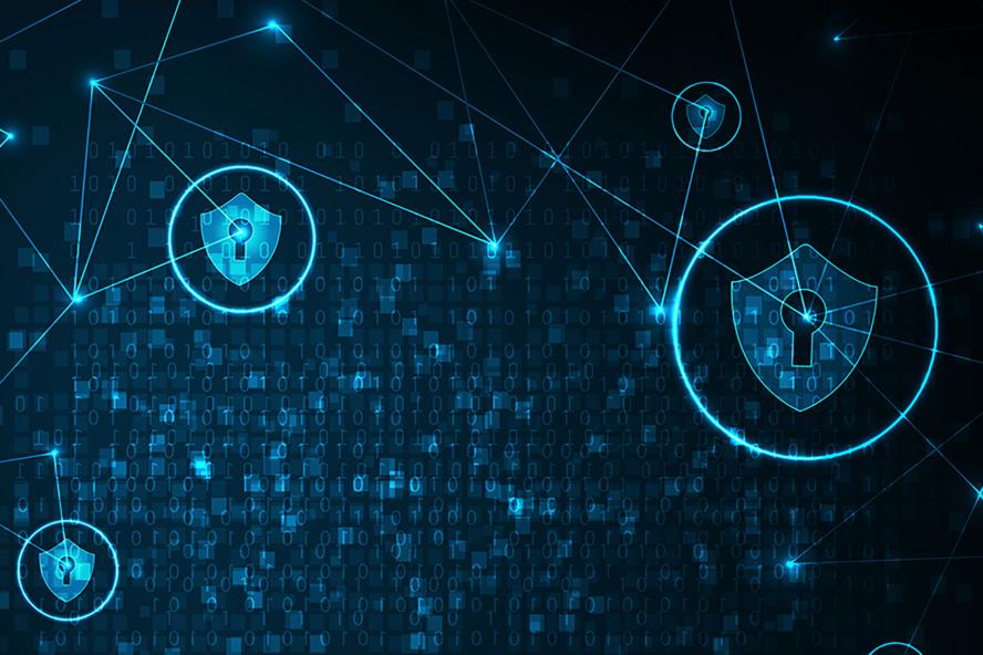Shield-shaped locks are connected with data lines and binary code