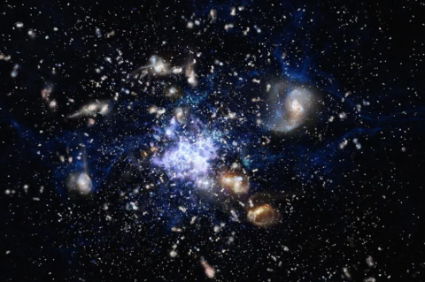 A bright cluster of galaxies against a dark sky. In a surprising finding, astronomers discover burned out galaxies from when the universe was only 2 billion years old.