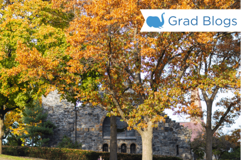 An autumn campus scene featuring trees with vibrant orange and yellow leaves in front of a stone building. The top right corner includes a white banner with the text 'Grad Blogs' and a blue logo of an elephant